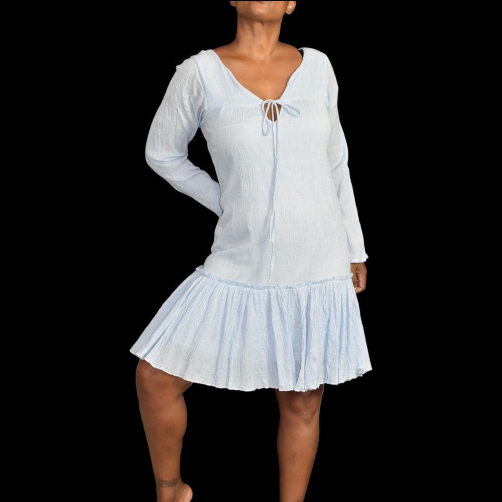 Apiece Apart Striped Seersucker Ruffle Dress Blue Crinkled Long Sleeve Cotton 4